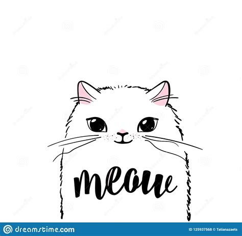 Cute Cat Vector Print Design Meow Lettering Text Kitten