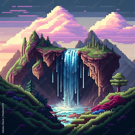 Beautiful Mountain Waterfall Landscape Pixel Art Style Generative Ai