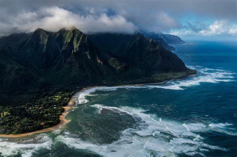 Nature Hawaii Landscape Mountains Clouds Water Aerial View Birds