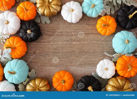 Fall Frame Of Colorful Pumpkins And Silver Leaves Against A Wood