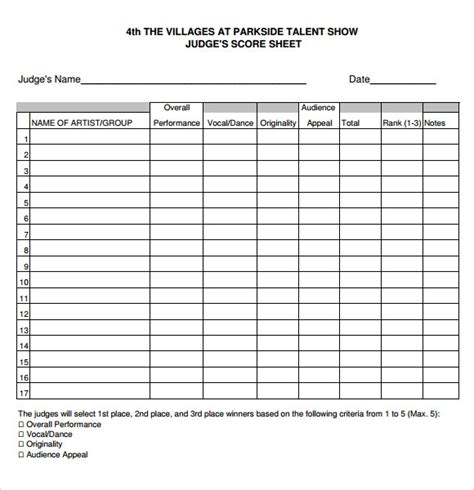 sample talent show score sheet templates