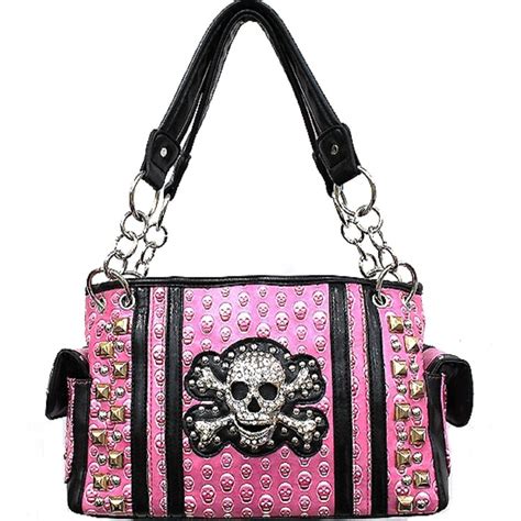 Handbags Bling And More Pink Skull Embossed Studded Purse Skull