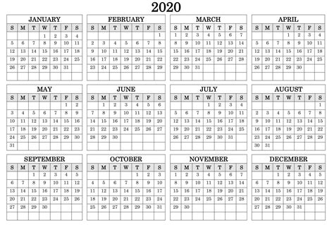 2020 Month At A Glance Calendar Template Calendar Template Printable