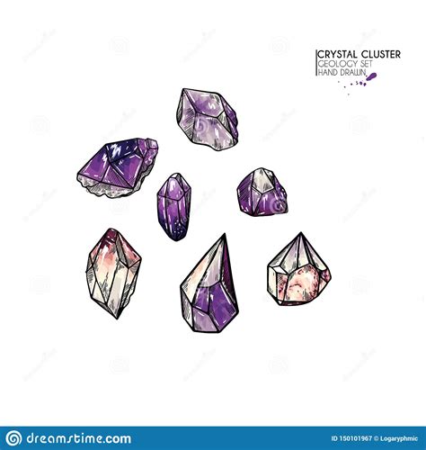 Hand Drawn Crystal Cluster Vector Mineral Illustration Amethyst Or