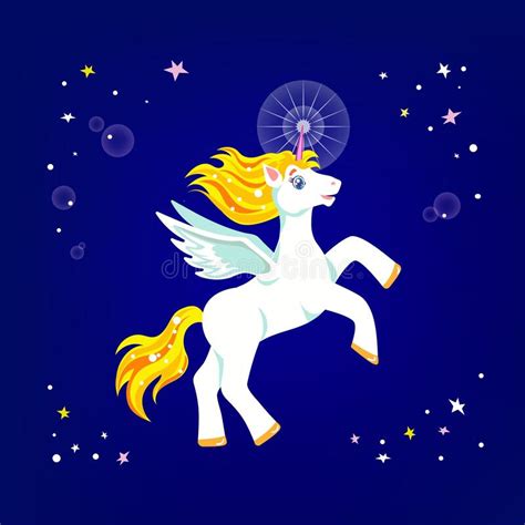 White Unicorn With Wings Jumping In Colourful Stars Stock Vector