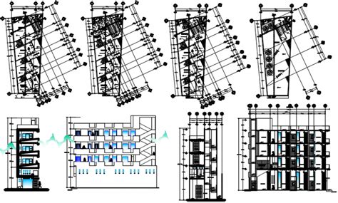 Five Story Apartment Building Elevation Section And Plan Cad Drawing