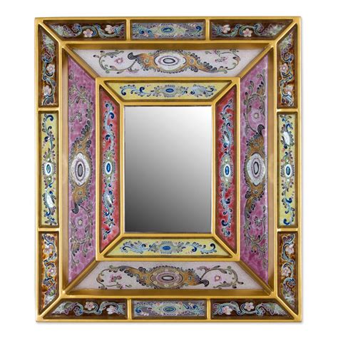 Reverse Painted Glass Mirror With Floral Motifs From Peru Florid Majesty Novica