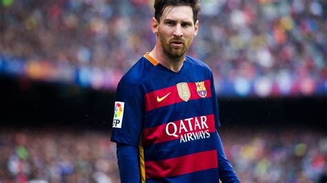 Lionel Messi In Blur Audience Background Is Wearing Blue Red Sports