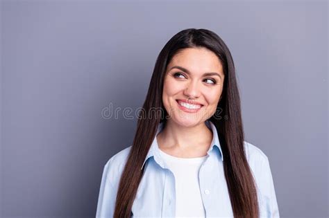 Photo Of Pretty Shiny Mature Woman Wear Formal Shirt Smiling Looking Empty Space Isolated Grey