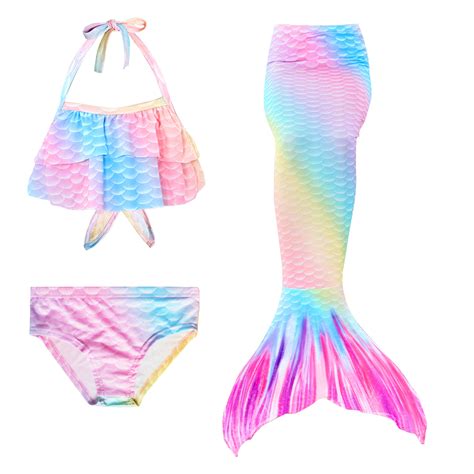 New7pcsset Rainbow Mermaid Tail Swimming With Fin Swimsuit Costume