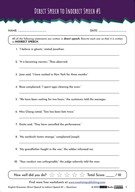 Direct Indirect Speech English Worksheet 01 — Stp Books