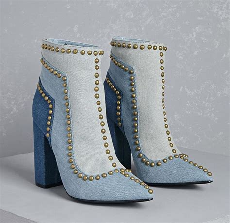 2017 New Fashion Light Blue Denim Women Pointed Toe Ankle Boots Golden
