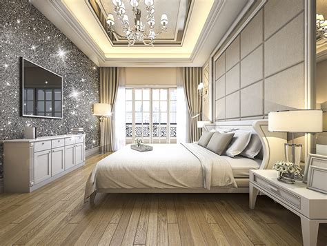 Luxury Modern Bedroom With Silver Glitter Feature Wall Glitter