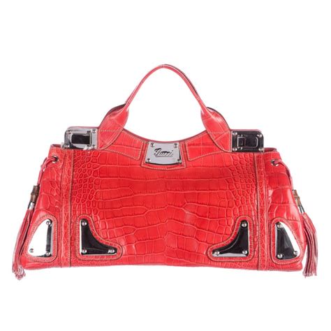 Gucci Red Crocodile Exotic Skin Leather Evening Top Handle Satchel Bag