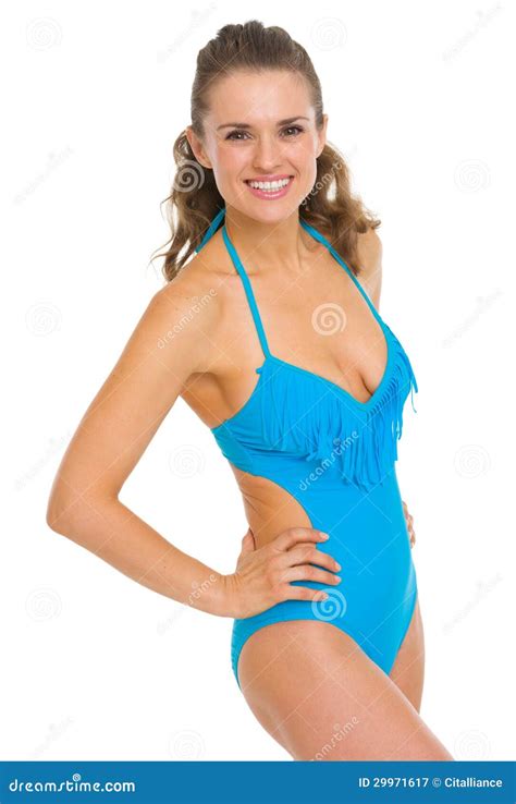 retrato da jovem mulher feliz no roupa de banho imagem de stock imagem de morena retrato