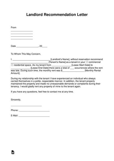 Printable Free Landlord Recommendation Letter For A Tenant In Template