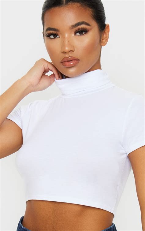 Basic White Jersey High Neck Crop Top Tops Prettylittlething Ca