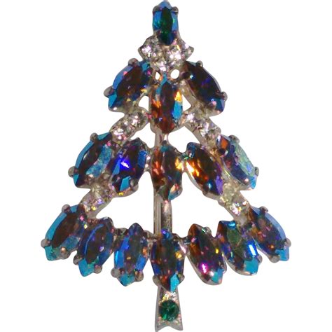 Vintage Sapphire Blue Aurora Borealis Navette Christmas Tree Brooch