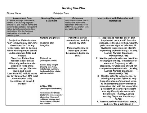 Sample Care Plan Skin Integrity Nursing Care Plan Student Name Date S Of Care Assessment Data