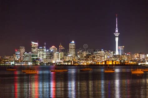 Auckland City Skyline At Night Stock Image Image Of Modern Vessel