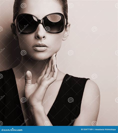 stylish fashion female model in fashion sunglasses posing black stock image image of glass