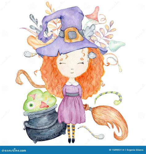 Halloween Watercolor Greeting Card With Cute Witch Stock Illustration Illustration Of Leaf