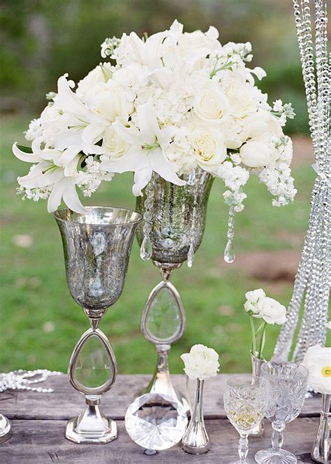 White Flower Centerpiece In Silver Vase White Flower Centerpieces