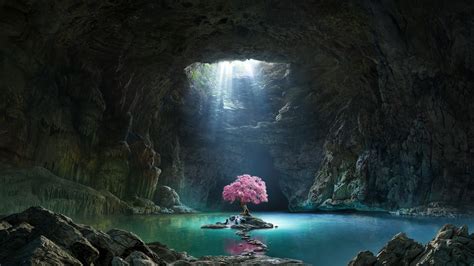 Desktop Wallpaper Pink Tree Blossom Cave Lake Nature