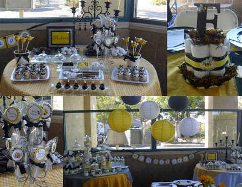 Bumble bee baby shower decorations feature cute little busy bees with classic colors of black, white, and yellow. MKR Creations: Bumble Bee Baby Shower