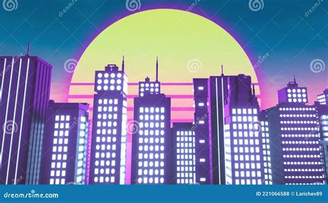 Retrowave Style Background Of Neon City 3d Rendering Stock