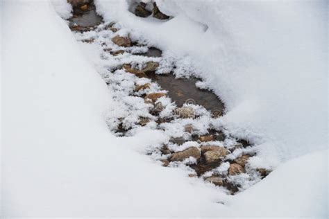 Mountain Stream Running Covered By Snow In Winter With Some Stones In
