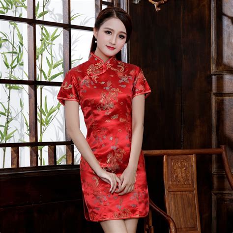 Chinese Style Women Dragon Phenix Qipao Classic Red Satin Cheongsam Plus Size Short Sleeve Mini