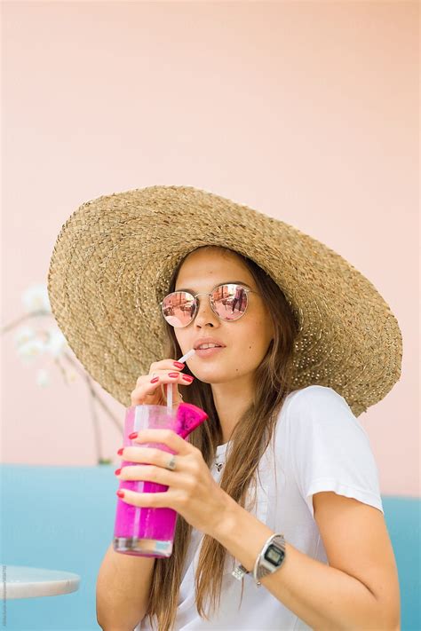 Travel Concept One Girl In Hat And Sunglasses Alone Sitting In Summer