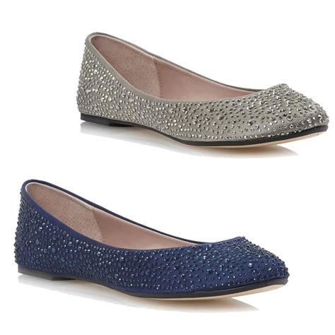 Dune Ladies Marthas Navy Blue Womens Diamante Flat Ballerina Pump Shoes