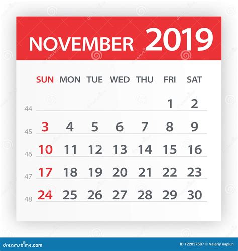 En Noviembre De 2019 Hoja Del Calendario Ejemplo Del Vector Stock De