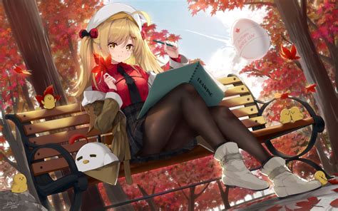 asahi kuroi original sitting on bench highres 1girl ahoge artist name autumn autumn