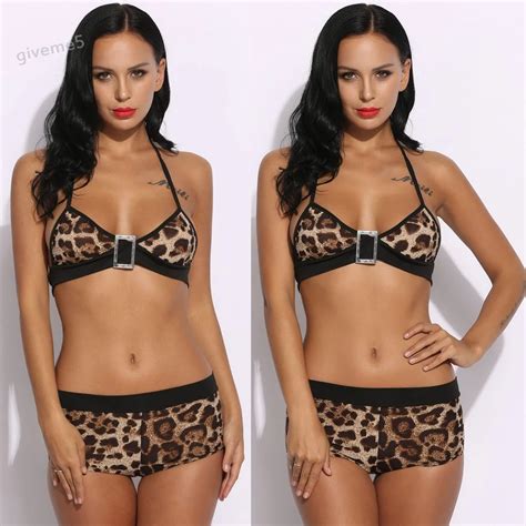 Sexy Women Yellow Leopard Print Bra Sets Wire Free Sleepwear 12 Cup Halter Bra And Panties Set