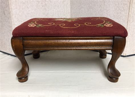 Antique Victorian Needlepoint Footstool Queen Anne Style Wooden Stool