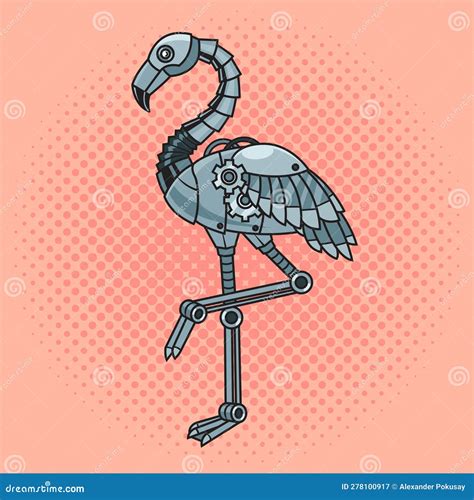 Mechanical Flamingo Pop Art Raster Illustration Stock Illustration