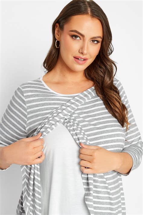 Plus Size Bump It Up Maternity Grey And White Stripe Nursing Top Yours