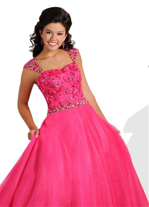 A Line Sweetheart Long Hot Pink Tulle Beaded Teen Prom Dress With Straps