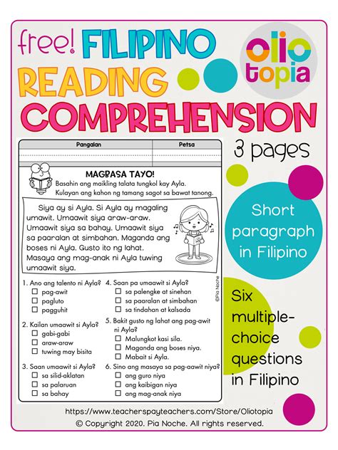 Free Filipino Reading Comprehension Reading Comprehension Reading