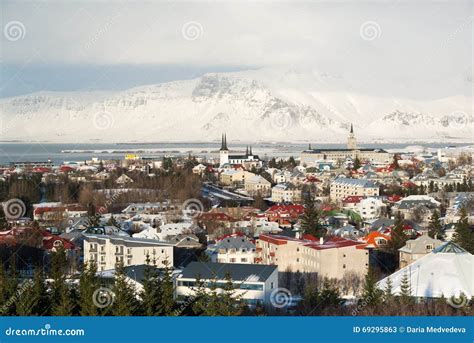 Aerial View Of Reykjavik From Perlan Snow Capped Mountains During