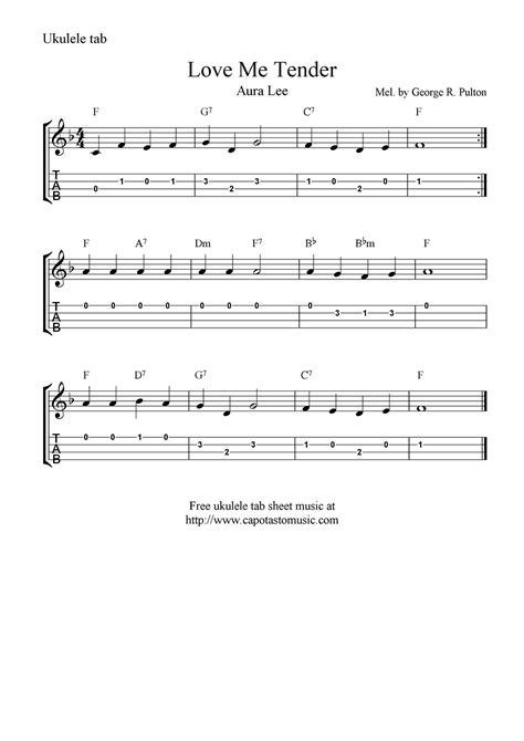 Our collection includes arrangements pf christmas music, folk songs, and more for soprano ukulele in standard tuning (high g, c, e, a). "Love Me Tender" ("Aura Lee") Ukulele Sheet Music - Free Printable | Guitar tabs songs, Ukulele ...
