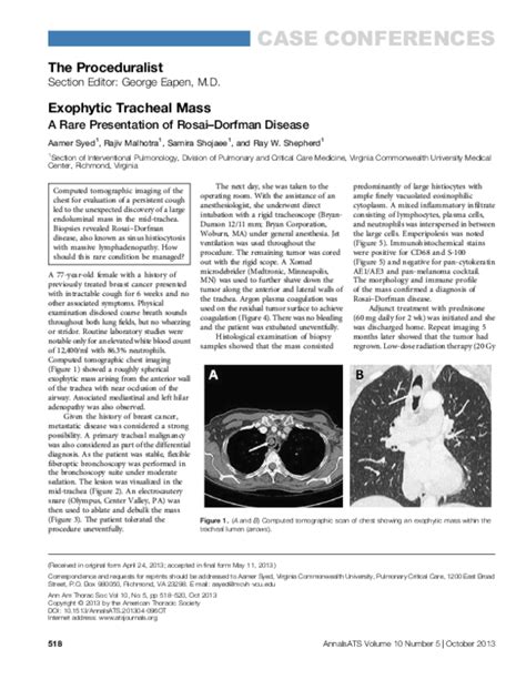 Pdf Exophytic Tracheal Mass A Rare Presentation Of Rosaidorfman