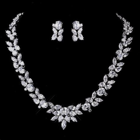 Quinceanera Silver Cz Necklace And Earring Set Wedding Jewelry Sets