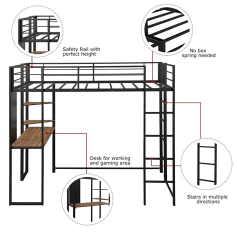 Twin Loft Bed With 2 Shelves And One Desk Black Bunk Beds Metal Loft