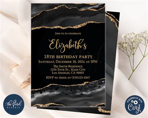 Black And Gold Birthday Invitation Template Editable Any Age Etsy