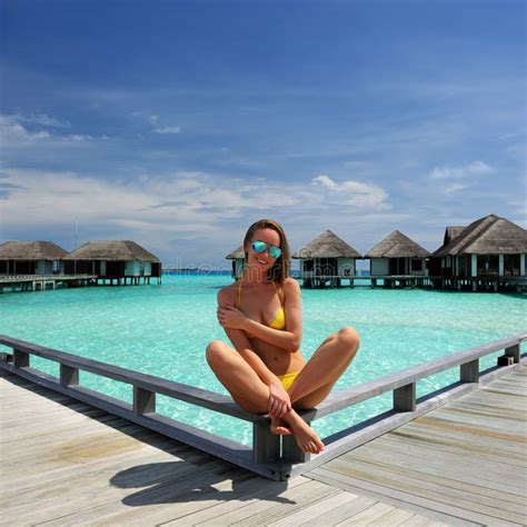 Woman On A Beach Jetty At Maldives Stock Image Image Of Hotel Jetty 30615965