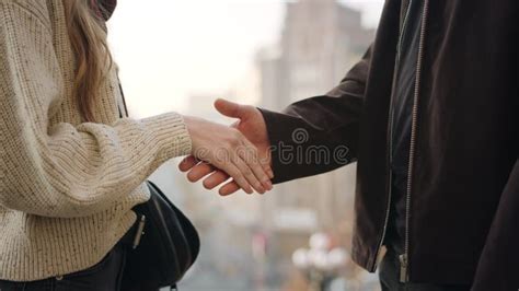 Closeup Couple Handshaking Outdoors Unknown Guy And Girl Hands
